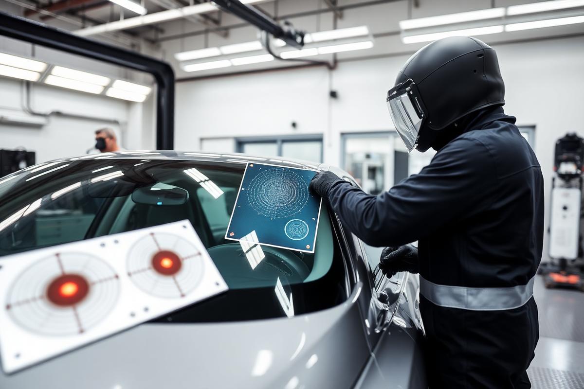 Technician performing ADAS calibration in a clean collision repair facility
