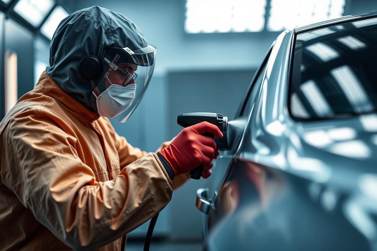 Paint technician refinishing a vehicle panel inside a modern spray booth